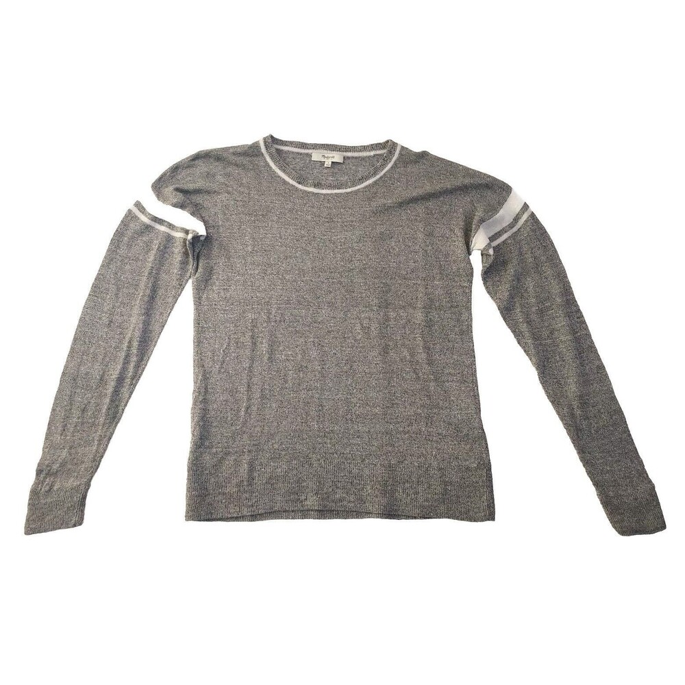 Ladies Madewell Lightweight 100% Linen Gray W/Sleeve Stripes LS Sweater Size S
